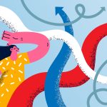 Choosing right direction and strategy concept. Young smiling woman cartoon character standing looking at colorful arrows going to various directions trying to choose one vector illustration