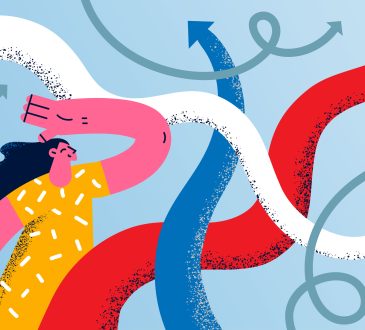 Choosing right direction and strategy concept. Young smiling woman cartoon character standing looking at colorful arrows going to various directions trying to choose one vector illustration
