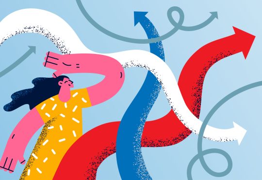 Choosing right direction and strategy concept. Young smiling woman cartoon character standing looking at colorful arrows going to various directions trying to choose one vector illustration