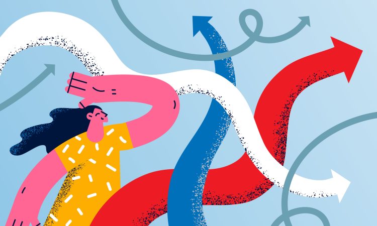 Choosing right direction and strategy concept. Young smiling woman cartoon character standing looking at colorful arrows going to various directions trying to choose one vector illustration