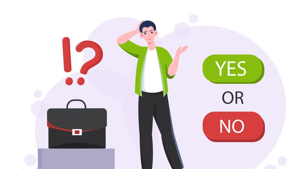 Man with difficult choice. Businessman with briefcase near yes or no options. Decision making process, doubting and uncertainty. Puzzled and confused guy. Flat vector illustration