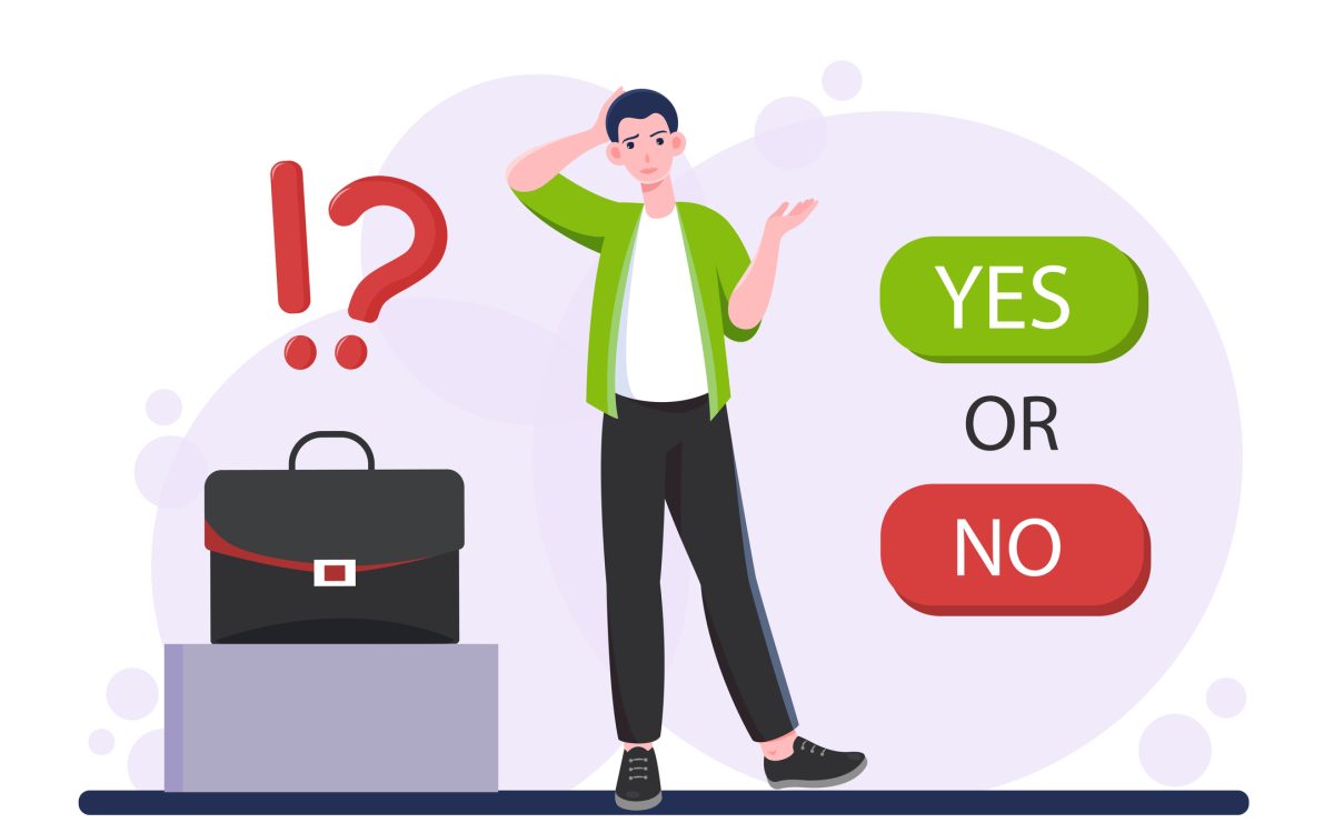 Man with difficult choice. Businessman with briefcase near yes or no options. Decision making process, doubting and uncertainty. Puzzled and confused guy. Flat vector illustration
