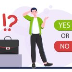 Man with difficult choice. Businessman with briefcase near yes or no options. Decision making process, doubting and uncertainty. Puzzled and confused guy. Flat vector illustration