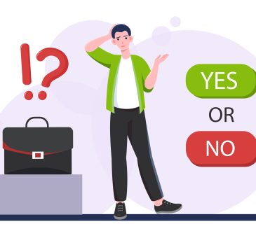 Man with difficult choice. Businessman with briefcase near yes or no options. Decision making process, doubting and uncertainty. Puzzled and confused guy. Flat vector illustration