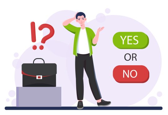 Man with difficult choice. Businessman with briefcase near yes or no options. Decision making process, doubting and uncertainty. Puzzled and confused guy. Flat vector illustration
