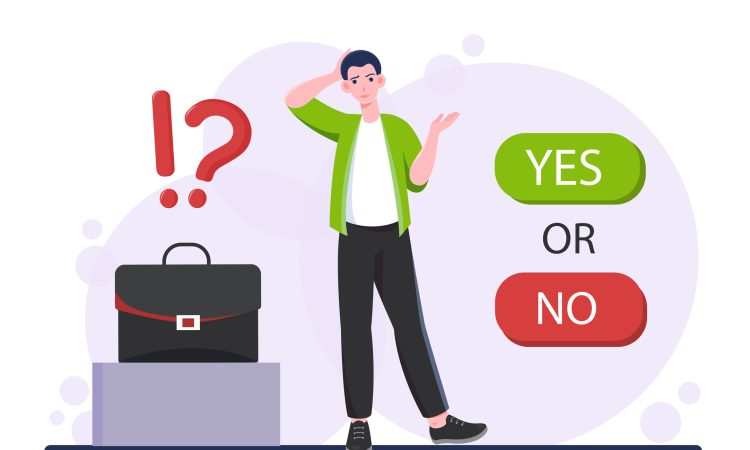 Man with difficult choice. Businessman with briefcase near yes or no options. Decision making process, doubting and uncertainty. Puzzled and confused guy. Flat vector illustration