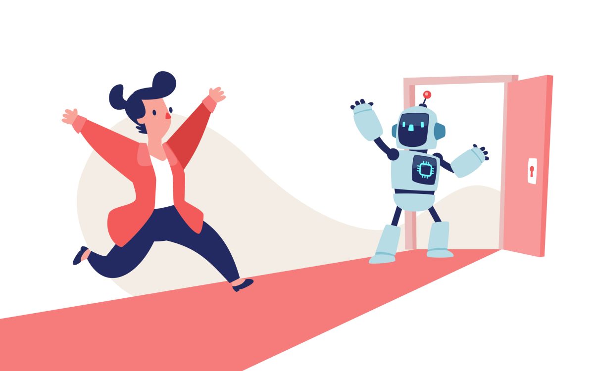 Cartoon vector of AI robot opening a new door for a businesswoman. Concept of opportunity, guidance, innovation, and business success with AI support.