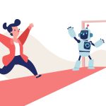 Cartoon vector of AI robot opening a new door for a businesswoman. Concept of opportunity, guidance, innovation, and business success with AI support.