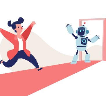 Cartoon vector of AI robot opening a new door for a businesswoman. Concept of opportunity, guidance, innovation, and business success with AI support.