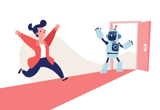 Cartoon vector of AI robot opening a new door for a businesswoman. Concept of opportunity, guidance, innovation, and business success with AI support.