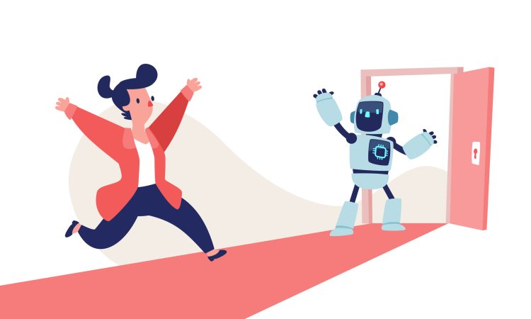 Cartoon vector of AI robot opening a new door for a businesswoman. Concept of opportunity, guidance, innovation, and business success with AI support.