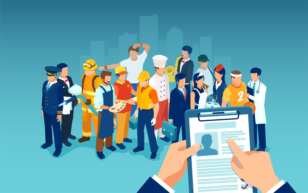 Recruitment of a job candidate concept. Vector of a businessman hand holding a CV profile of an professional employee or worker