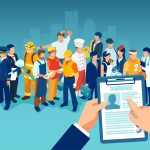 Recruitment of a job candidate concept. Vector of a businessman hand holding a CV profile of an professional employee or worker