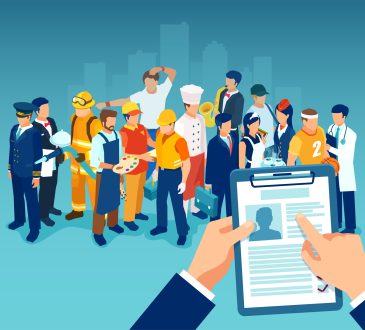 Recruitment of a job candidate concept. Vector of a businessman hand holding a CV profile of an professional employee or worker