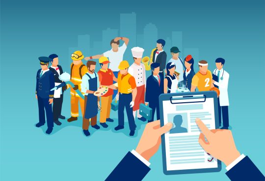 Recruitment of a job candidate concept. Vector of a businessman hand holding a CV profile of an professional employee or worker