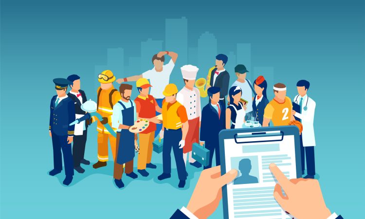Recruitment of a job candidate concept. Vector of a businessman hand holding a CV profile of an professional employee or worker