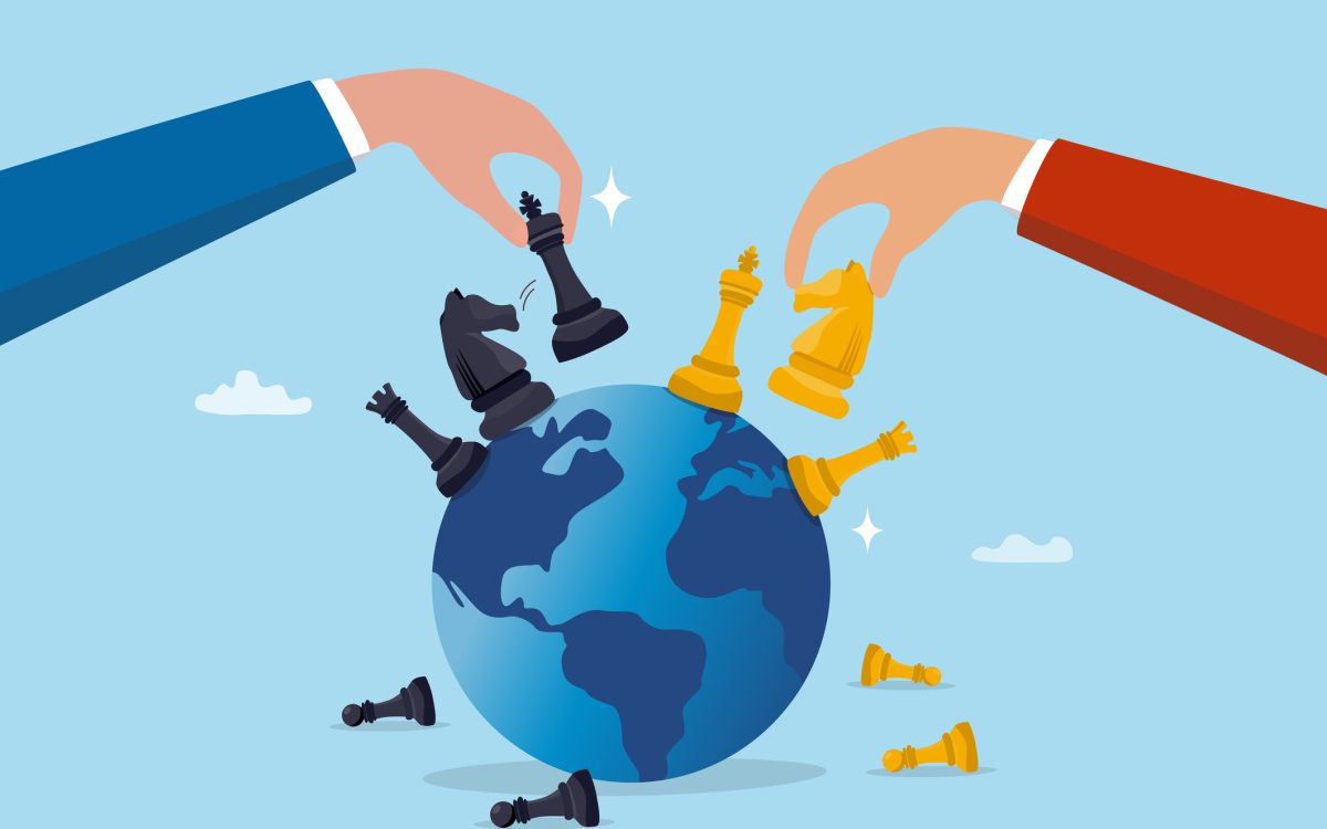 Geopolitics world country trade alliance, diplomacy with superpower nations, relationship or negotiation for trade war, tariff or sanction concept, hand playing chess to win geopolitics trade war.