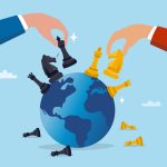 Geopolitics world country trade alliance, diplomacy with superpower nations, relationship or negotiation for trade war, tariff or sanction concept, hand playing chess to win geopolitics trade war.
