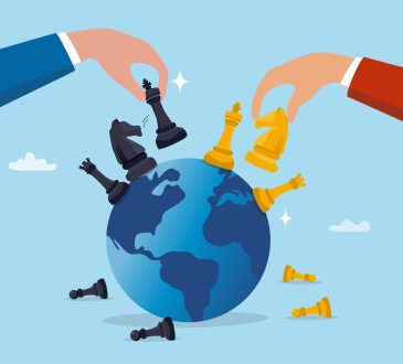 Geopolitics world country trade alliance, diplomacy with superpower nations, relationship or negotiation for trade war, tariff or sanction concept, hand playing chess to win geopolitics trade war.