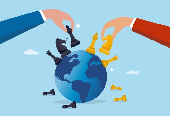 Geopolitics world country trade alliance, diplomacy with superpower nations, relationship or negotiation for trade war, tariff or sanction concept, hand playing chess to win geopolitics trade war.