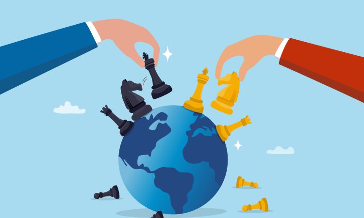 Geopolitics world country trade alliance, diplomacy with superpower nations, relationship or negotiation for trade war, tariff or sanction concept, hand playing chess to win geopolitics trade war.
