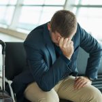 Airport, headache and stress man waiting to travel, frustrated and sad for transport delay, crisis or problem. Immigration, anxiety and person thinking, fail or mistake for international flight news