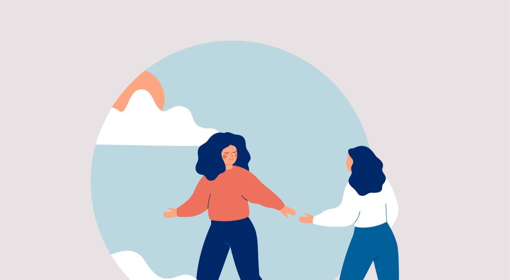 Woman aids person gets rid of depression, anxiety and stress. Friend or caregiver supports female and helps start the new life. Psychological concept of life improvement. Vector illustration