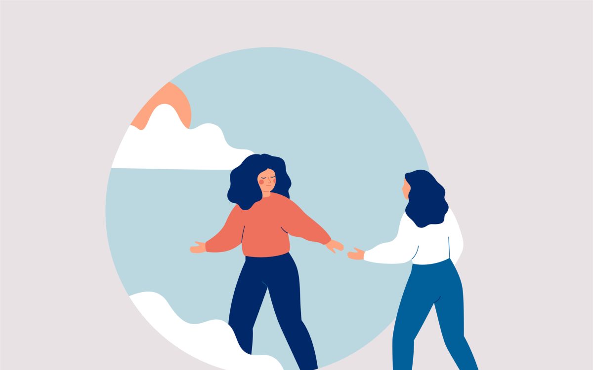 Woman aids person gets rid of depression, anxiety and stress. Friend or caregiver supports female and helps start the new life. Psychological concept of life improvement. Vector illustration