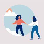 Woman aids person gets rid of depression, anxiety and stress. Friend or caregiver supports female and helps start the new life. Psychological concept of life improvement. Vector illustration