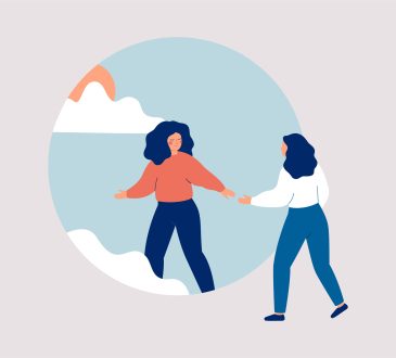Woman aids person gets rid of depression, anxiety and stress. Friend or caregiver supports female and helps start the new life. Psychological concept of life improvement. Vector illustration