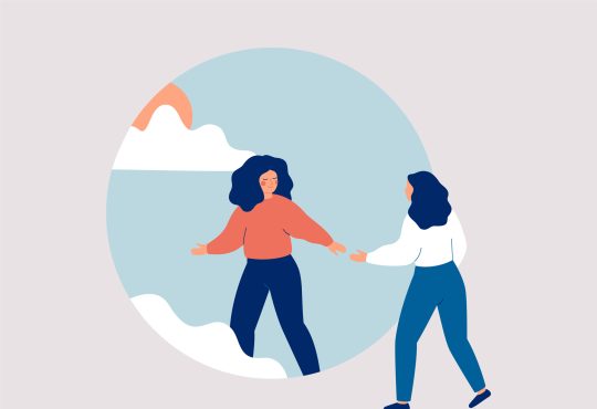 Woman aids person gets rid of depression, anxiety and stress. Friend or caregiver supports female and helps start the new life. Psychological concept of life improvement. Vector illustration