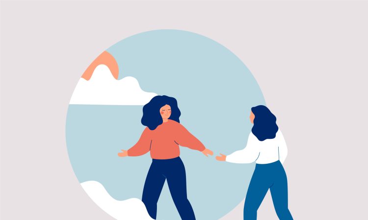 Woman aids person gets rid of depression, anxiety and stress. Friend or caregiver supports female and helps start the new life. Psychological concept of life improvement. Vector illustration