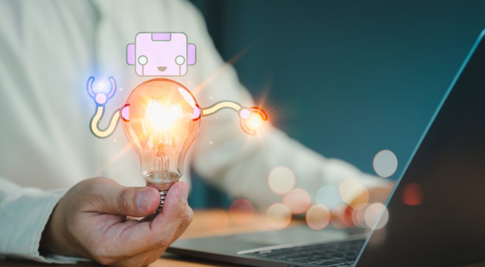 New generation person holding a glowing light bulb symbolizing AI innovation, with a robot and laptop suggesting creative technology ideas. Business global internet connection application technology.