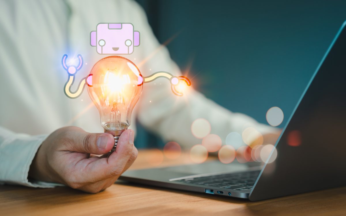 New generation person holding a glowing light bulb symbolizing AI innovation, with a robot and laptop suggesting creative technology ideas. Business global internet connection application technology.