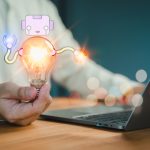 New generation person holding a glowing light bulb symbolizing AI innovation, with a robot and laptop suggesting creative technology ideas. Business global internet connection application technology.