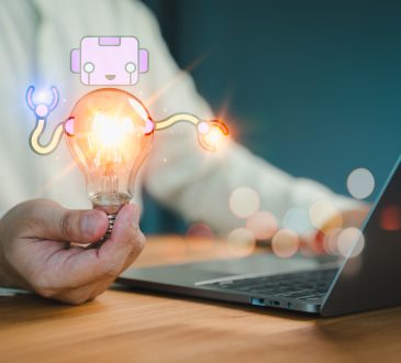 New generation person holding a glowing light bulb symbolizing AI innovation, with a robot and laptop suggesting creative technology ideas. Business global internet connection application technology.