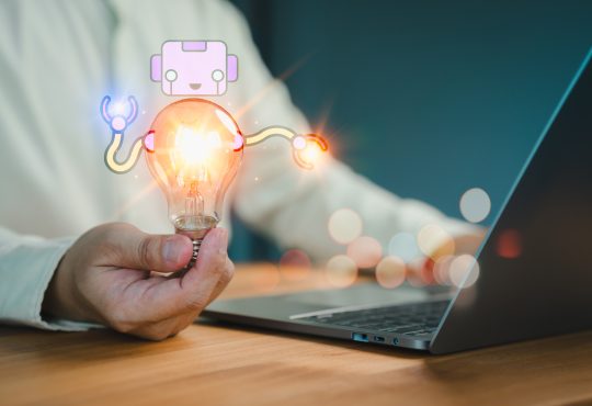 New generation person holding a glowing light bulb symbolizing AI innovation, with a robot and laptop suggesting creative technology ideas. Business global internet connection application technology.
