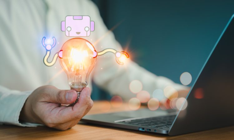New generation person holding a glowing light bulb symbolizing AI innovation, with a robot and laptop suggesting creative technology ideas. Business global internet connection application technology.