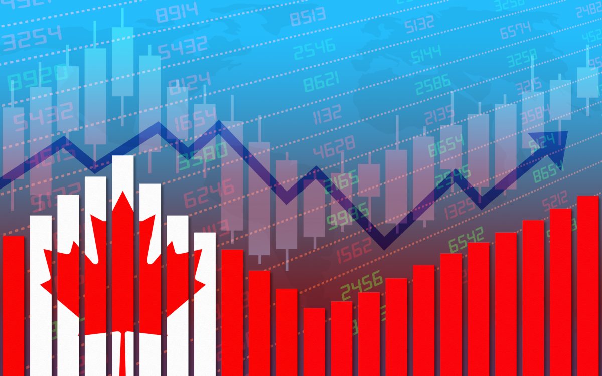 Canada flag on bar chart concept of economic recovery and business improving after crisis such as Covid-19 or other catastrophe as economy and businesses reopen again.
