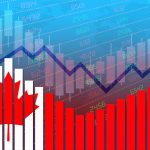 Canada flag on bar chart concept of economic recovery and business improving after crisis such as Covid-19 or other catastrophe as economy and businesses reopen again.