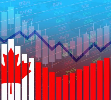 Canada flag on bar chart concept of economic recovery and business improving after crisis such as Covid-19 or other catastrophe as economy and businesses reopen again.