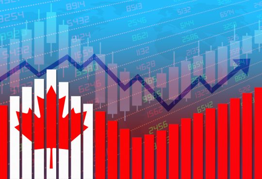 Canada flag on bar chart concept of economic recovery and business improving after crisis such as Covid-19 or other catastrophe as economy and businesses reopen again.