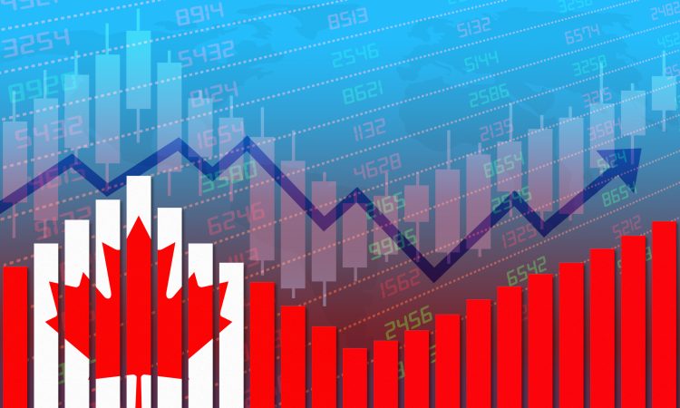 Canada flag on bar chart concept of economic recovery and business improving after crisis such as Covid-19 or other catastrophe as economy and businesses reopen again.